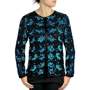 VINTAGE LAURENCE KAZAR BEAD BLUE SEQUIN SILK EMBELLISHED HOLIDAY EVENING JACKET